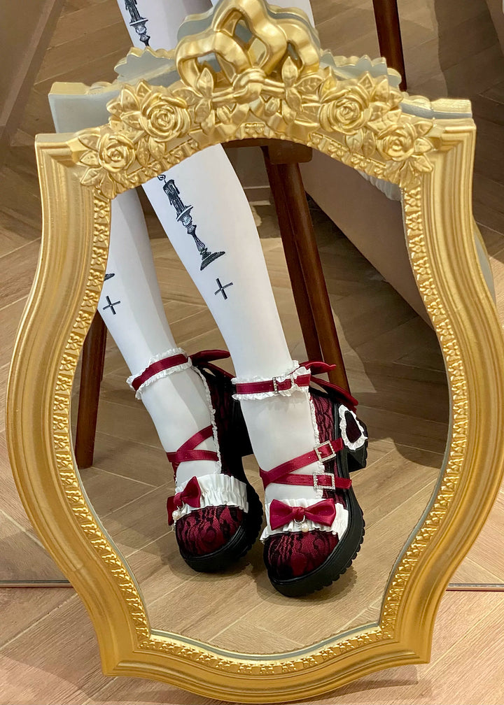 Classic Lolita Mary Jane Shoes, Lace Tulle & Ribbon Bow 46012:873463
