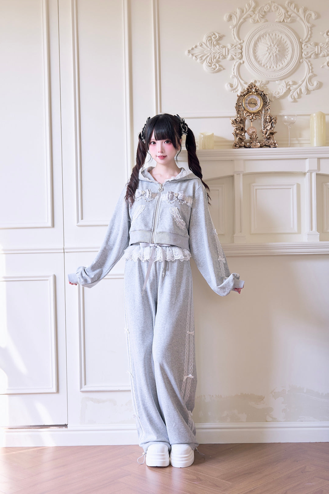 Sport Jirai Kei Hoodie Jacket Pants and Skirt with Lace Detail (Gray / M) 42521:743633