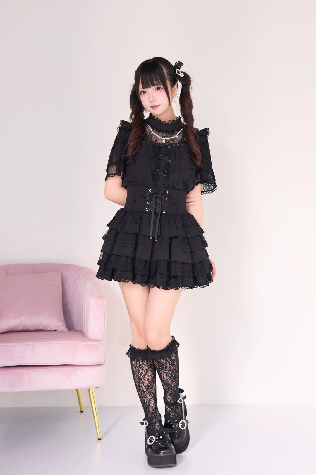 Jirai Kei Pearl Necklace Blouse, Lace-up Cake Skirt Set 43019:765666