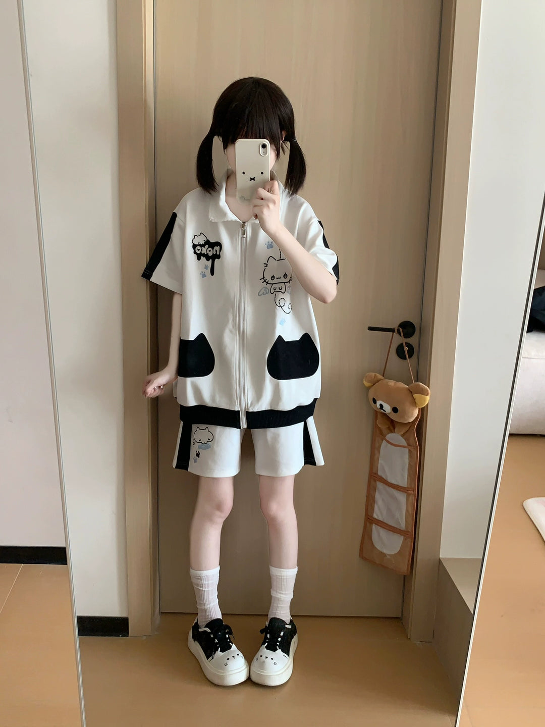 Cat Printed Kawaii Outfit, Zip Up Sweatshirt + Pocketed Shorts 43561:779962