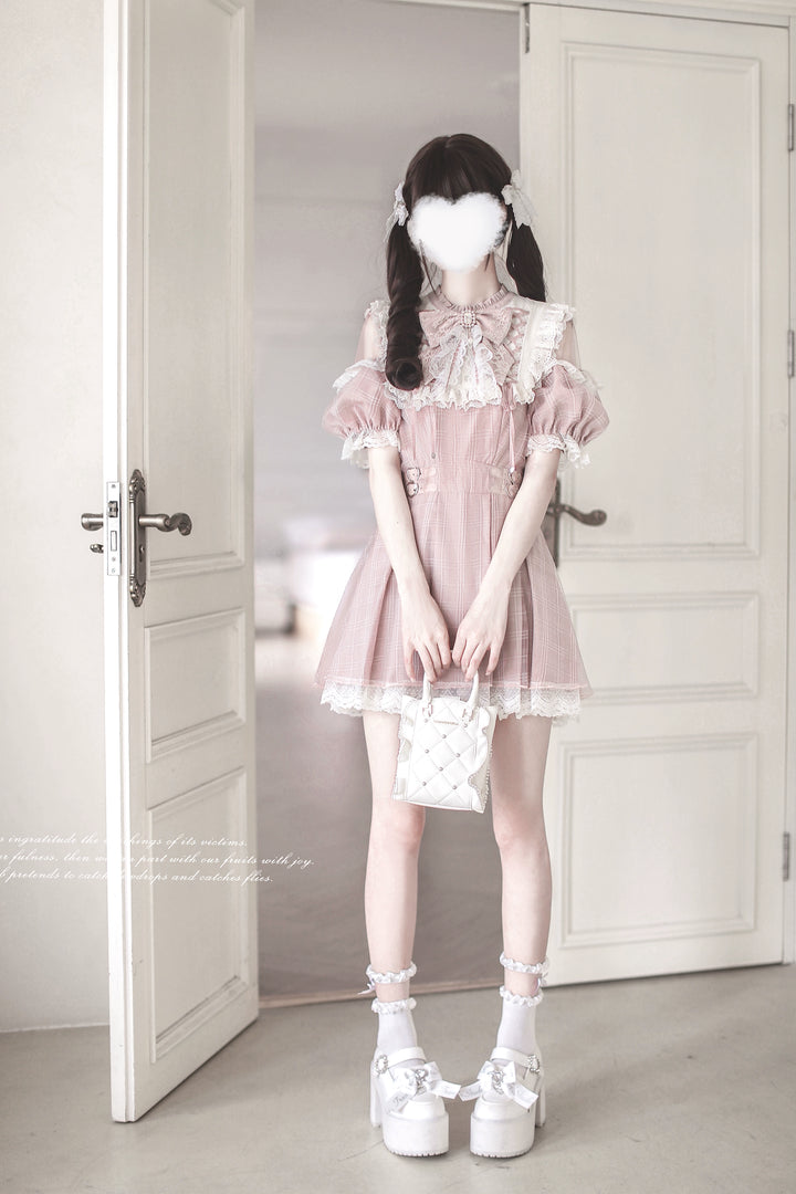 Pink Ryousangata Dress, Lace Trim & Square Rhinestone Bow 43193:770334