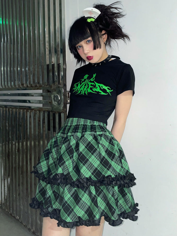 Punk Plaid Skirt Pink Blue Skirt Bow Layered Ruffle Skirt 33818:445960 33818:445960