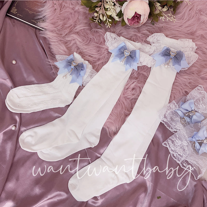 Jirai Kei Socks Black White Pink Blue Bow Lace Socks 21754:320560