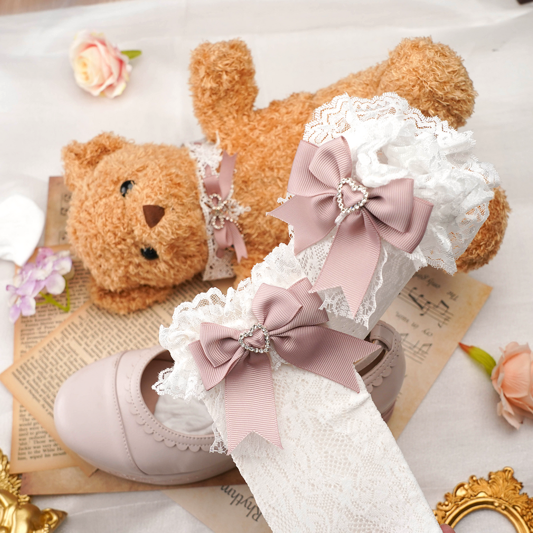 Jirai Kei Socks Kawaii Heart-Shaped Rhinestones and Bow Detail 21542:308642