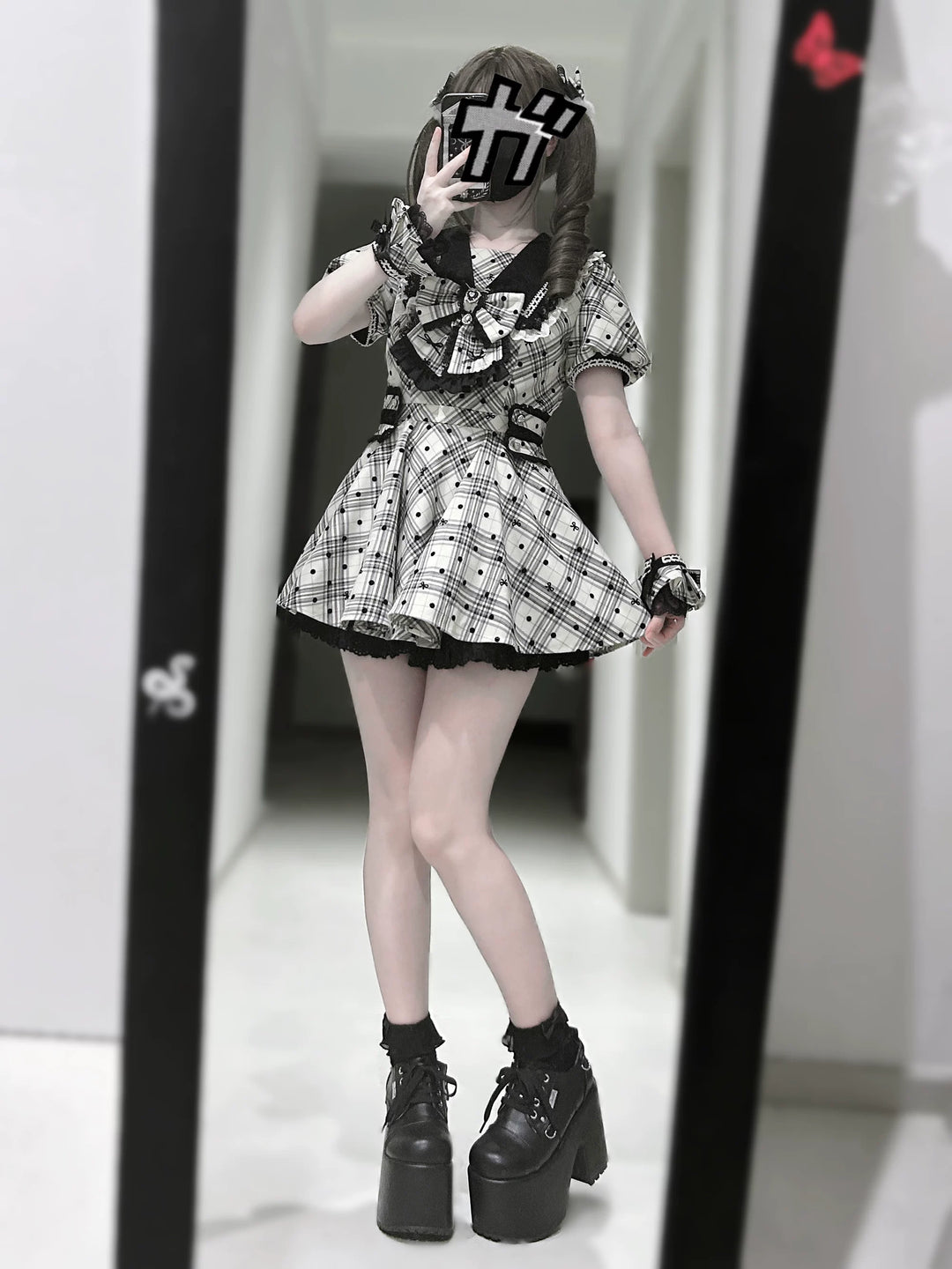 Cotton Lining Jirai Kei Dress, Plaid & Polka Dot Style 44924:829911