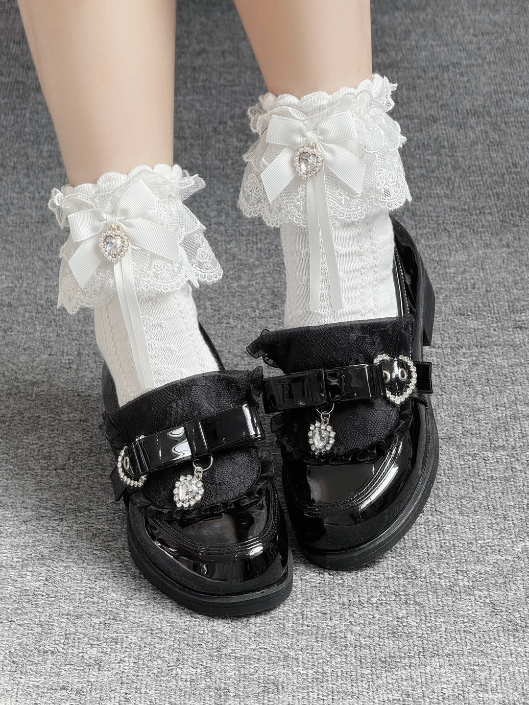 Jirai Kei Low-Heel Loafer Shoes, Rhinestones & Bow 43944:790310