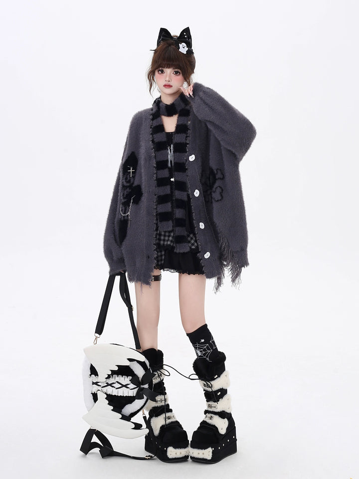 Jirai Kei Sweater Irregular Hem Cardigan With Striped Scarf (L M S) 40922:680396