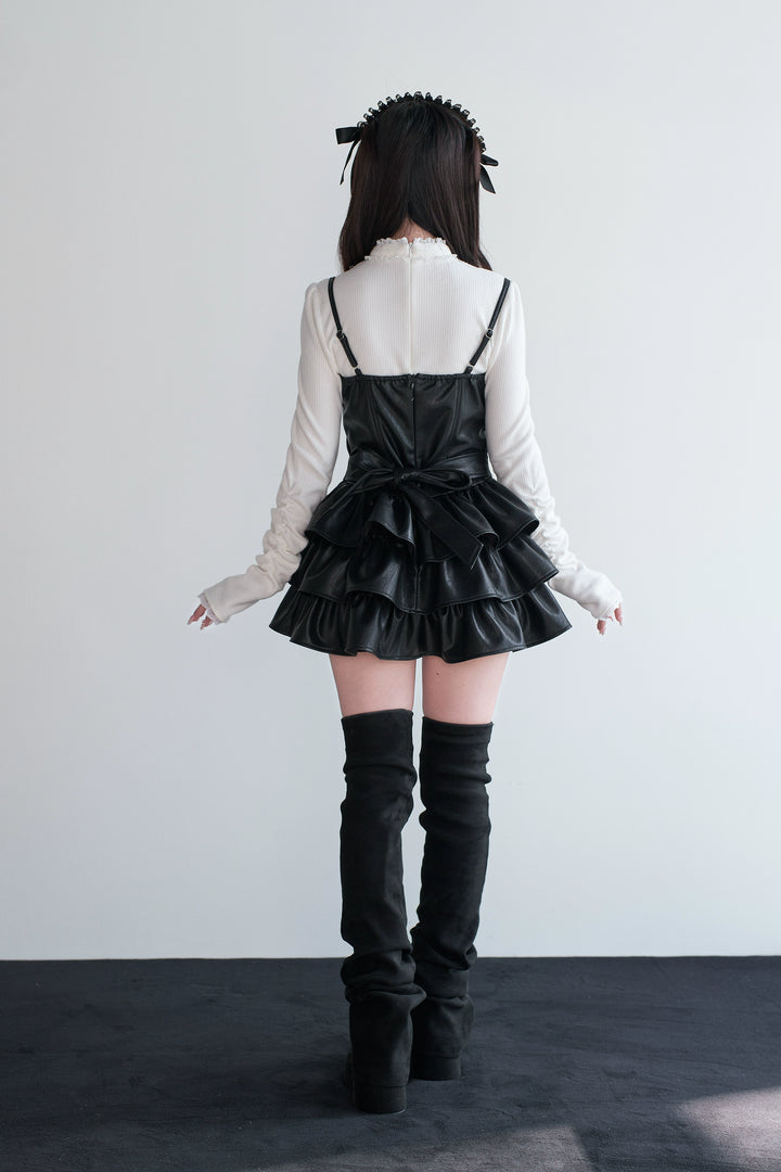 Jirai Kei Strappy Mini Dress, Tiered Ruffles 44328:805460