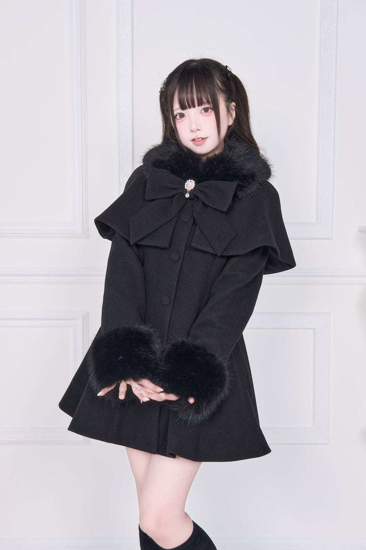 Jirai Kei Winter Coat, Faux Fur Trim, Detachable Cape 44066:794467