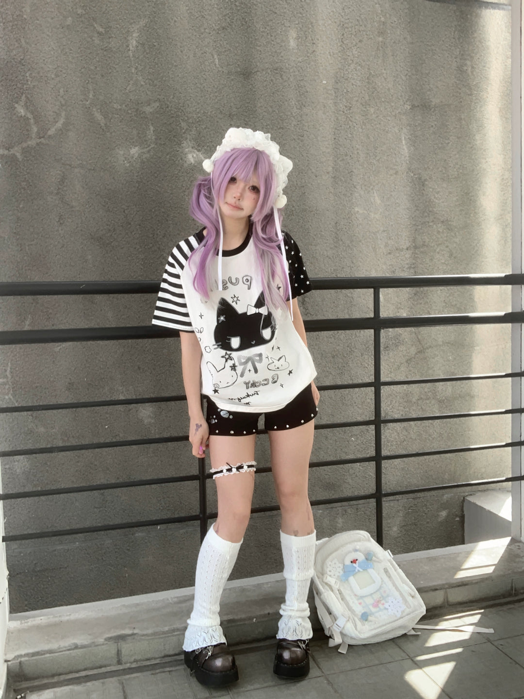 Kawaii Otaku Anime Cat Print Cotton Shirt Black & White 42851:755335