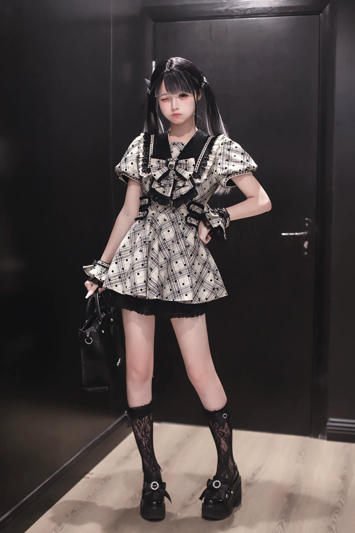 Cotton Lining Jirai Kei Dress, Plaid & Polka Dot Style 44924:829931