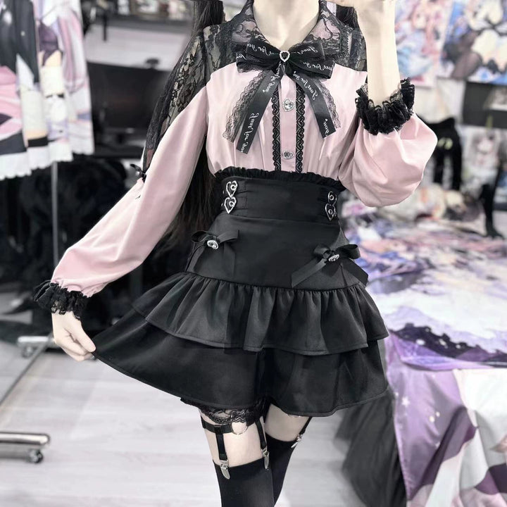 Jirai Kei Skirt Set Lace Collar Blouse A-line Skirt Set 39534:628786