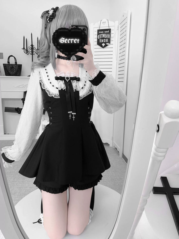 Long-Sleeved Jirai Kei Dress, Pocketed Shorts 43856:787322
