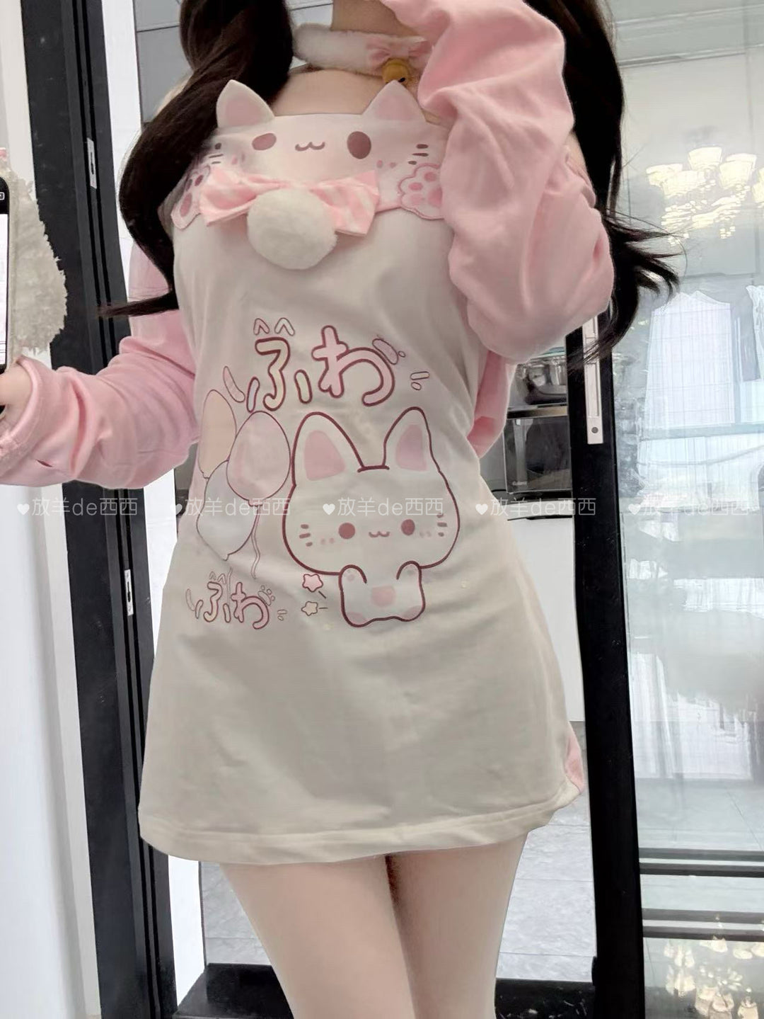 Kawaii Cat-Print Cotton Skirt Off-Shoulder Top with Choker 42812:754152