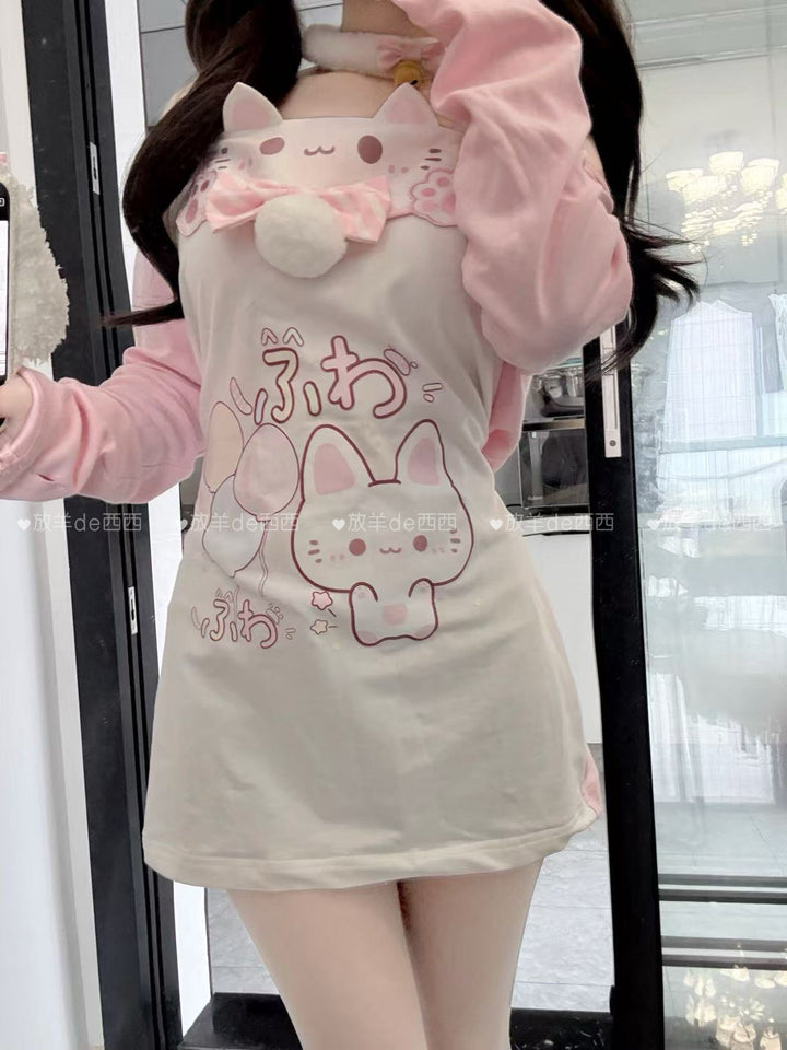 Kawaii Cat-Print Cotton Skirt Off-Shoulder Top with Choker 42812:754152