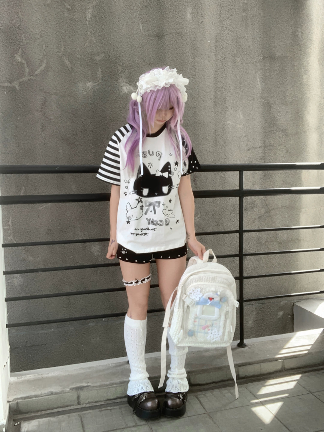 Kawaii Otaku Anime Cat Print Cotton Shirt Black & White 42851:755340