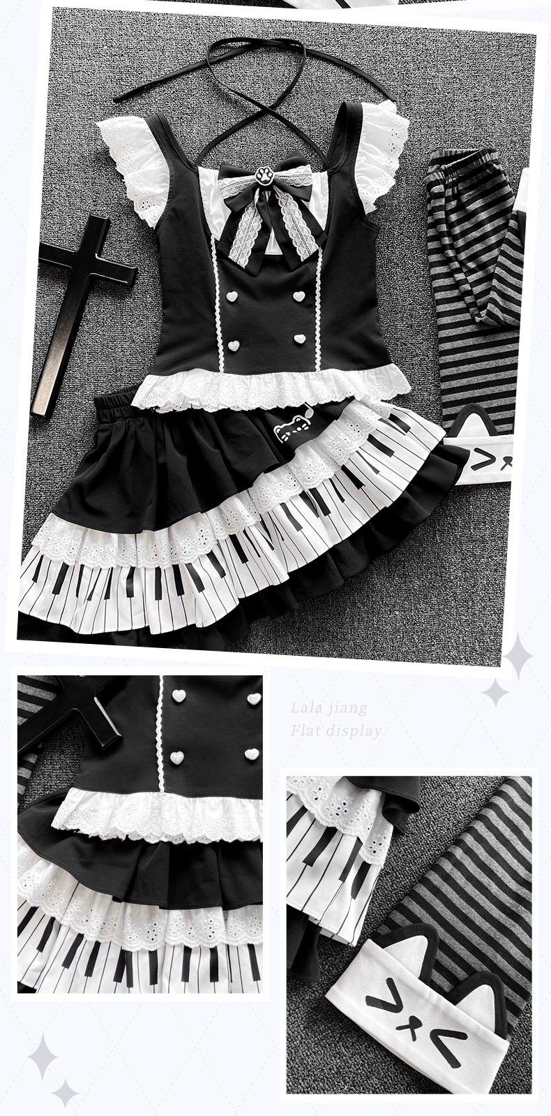 Halter Neck Kawaii Skirt Set, Cat and Piano Print 43577:780206