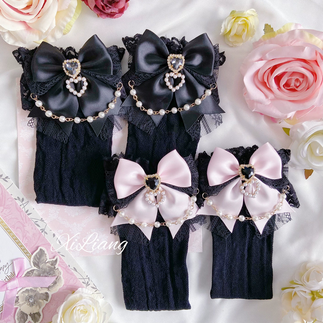 Jirai Kei Socks With Pearl Chain And Sweetheart Rhinestone Detail 28904:326746