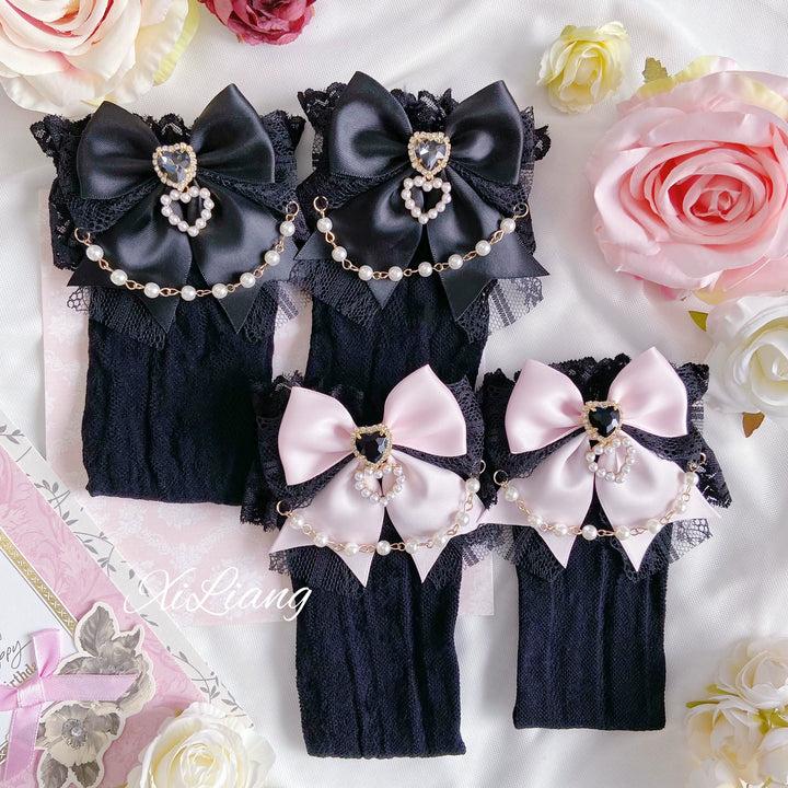 Jirai Kei Socks With Pearl Chain And Sweetheart Rhinestone Detail 28904:326746