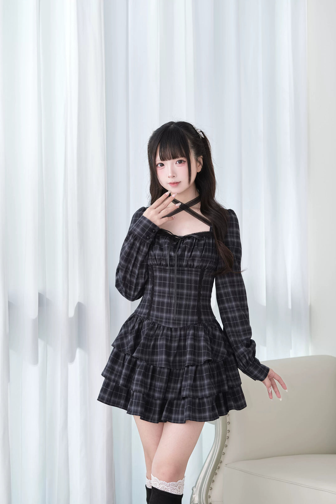 Jirai Kei Halter Neck Dress, Tiered Ruffles 44688:819232