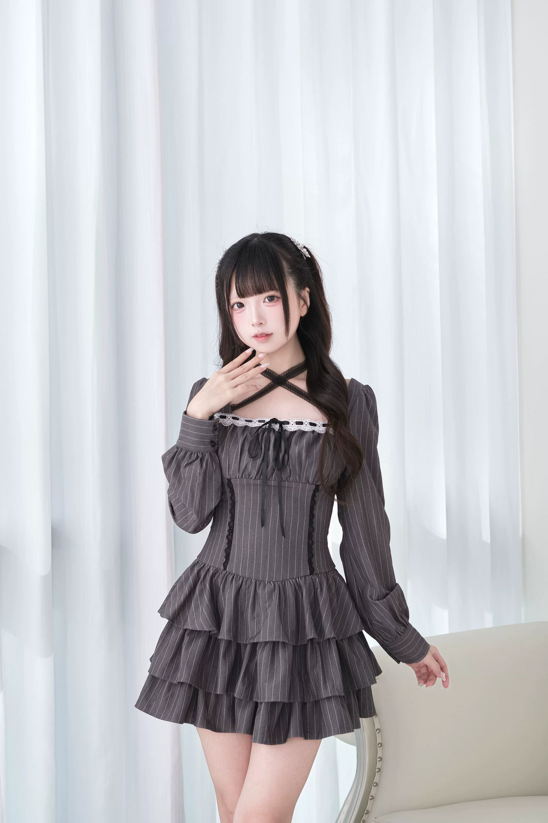 Jirai Kei Halter Neck Dress, Tiered Ruffles 44688:819244