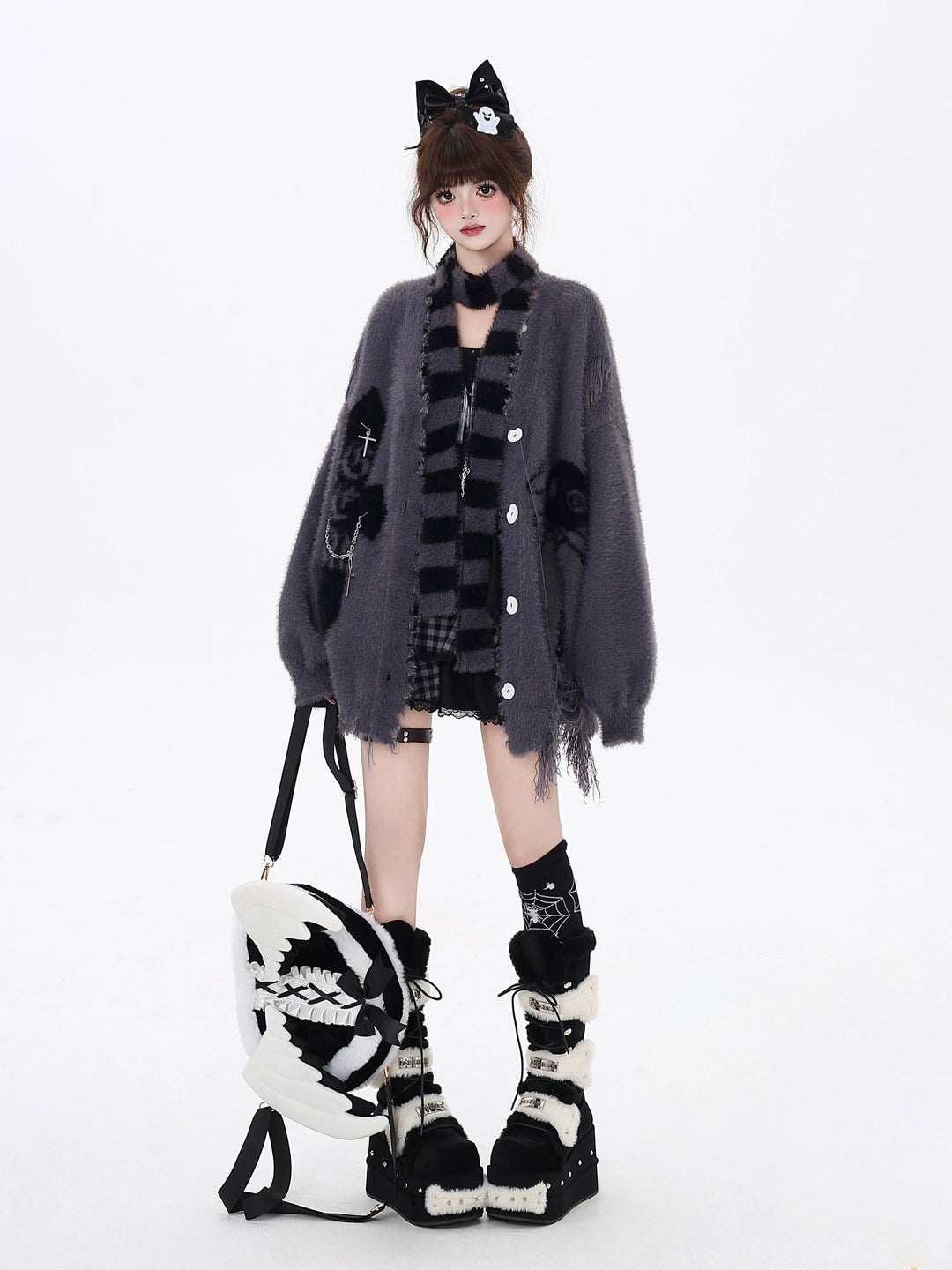 Jirai Kei Sweater Irregular Hem Cardigan With Striped Scarf 40922:680414