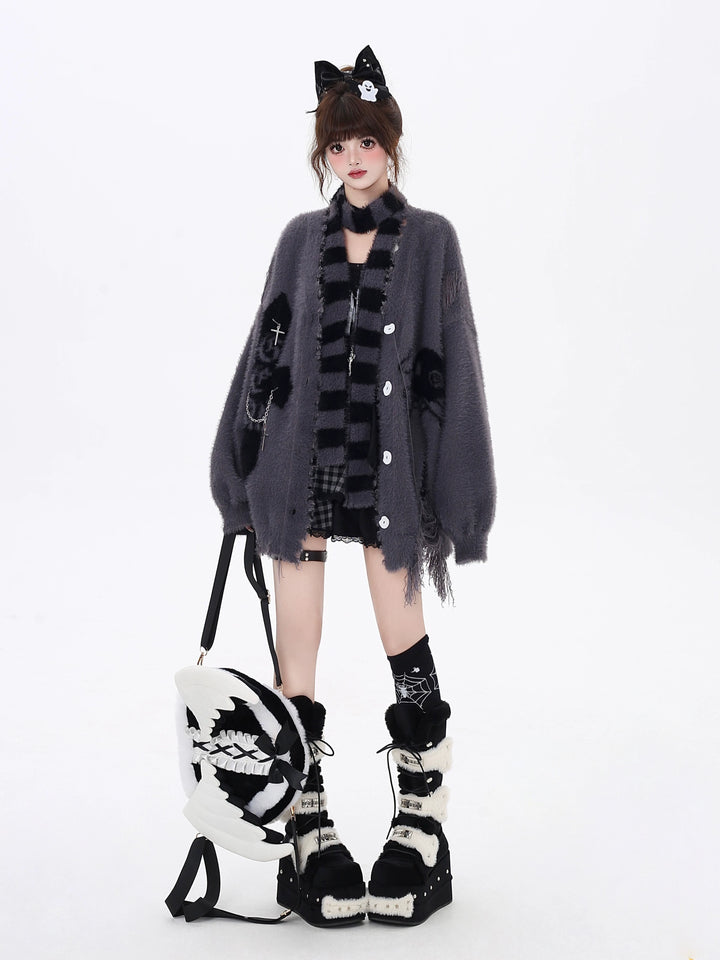 Jirai Kei Sweater Irregular Hem Cardigan With Striped Scarf 40922:680414