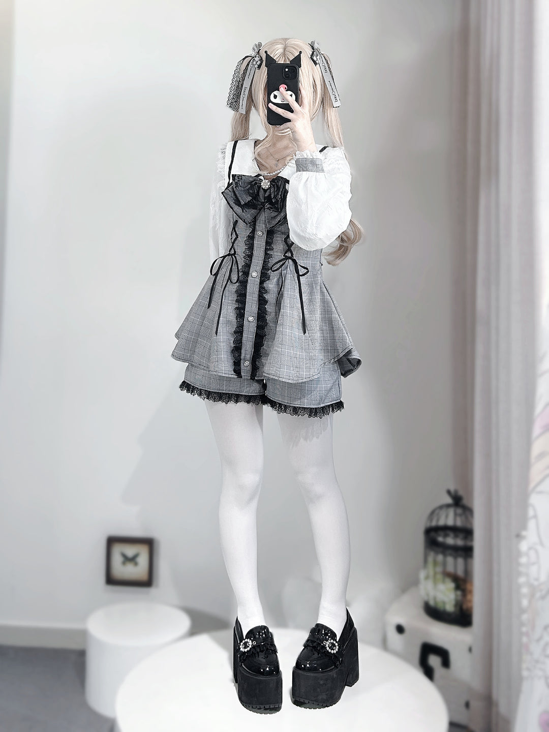 Lace-up Jirai Kei Dress Set with Lace and Rhinestone Button (Plaid / 2XL 3XL L M S XL) 42784:752971