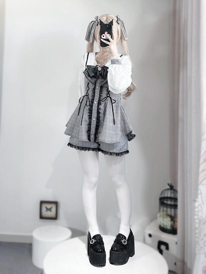 Lace-up Jirai Kei Dress Set with Lace and Rhinestone Button (Plaid / 2XL 3XL L M S XL) 42784:752971