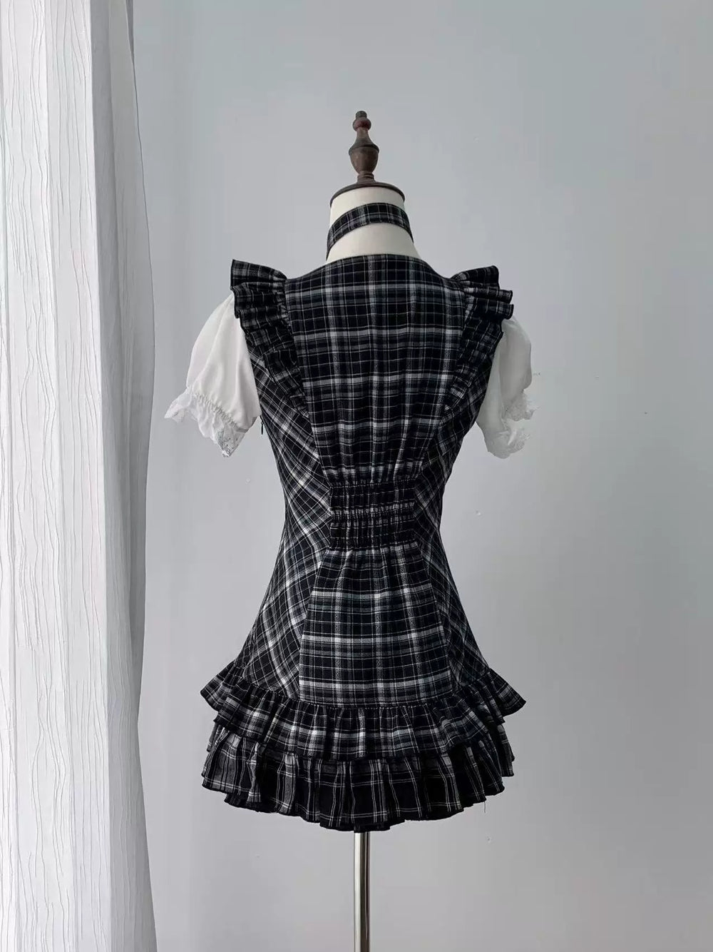 Jirai Kei Black Plaid Dress Set, Heart-Shaped Rhinestone 45004:834480