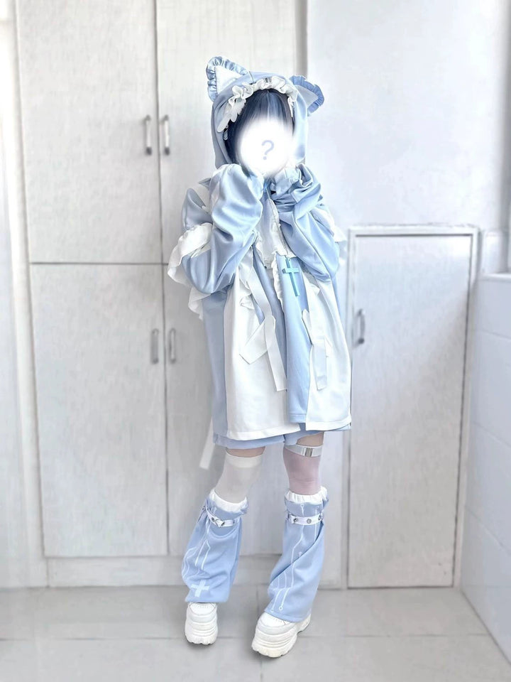 Tenshi Kaiwai Full Set Flounced Blue Cat Ears Coat & Shorts Set (M S) 39094:615408