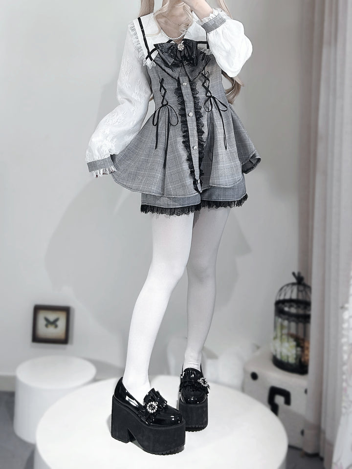 Lace-up Jirai Kei Dress Set with Lace and Rhinestone Button 42784:752967