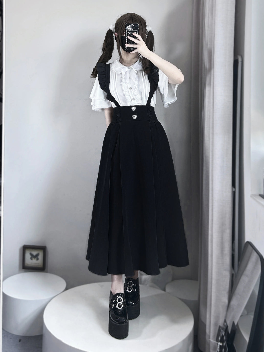 Solid Seiso Kei Suspender Skirt, Ankle Length 44166:798547