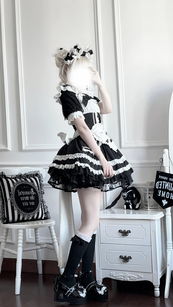 Black and White Maid Lolita Dress, Detachable Apron 46065:874557