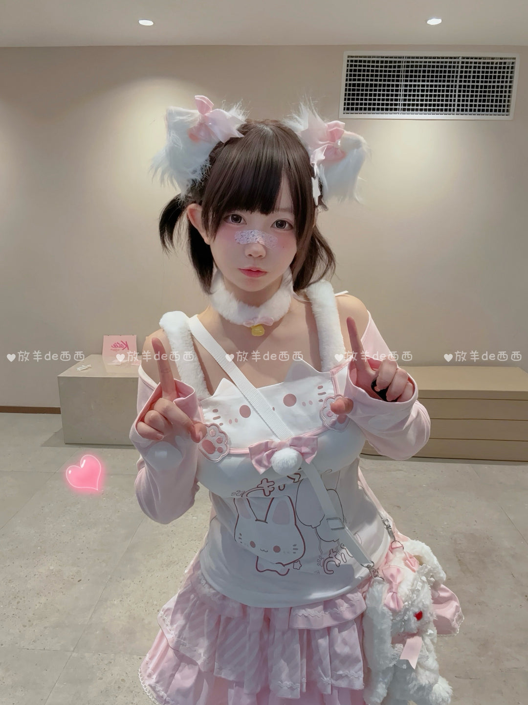 Kawaii Cat-Print Cotton Skirt Off-Shoulder Top with Choker 42812:754156