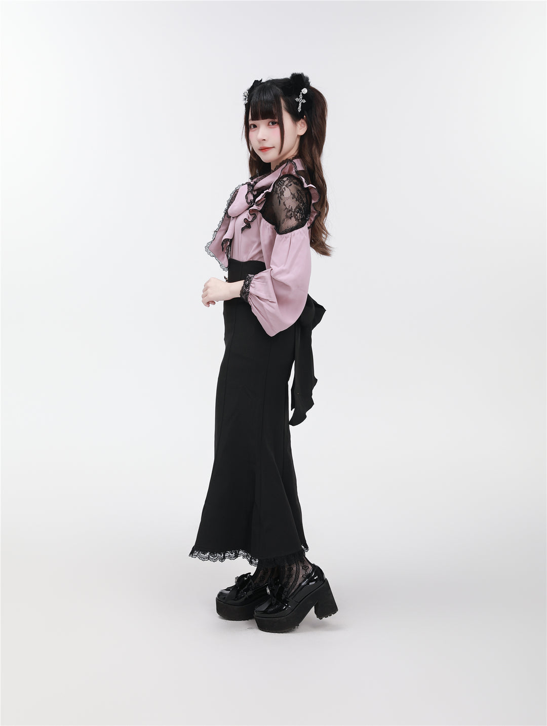 Jirai Kei Stand Collar Shirt with Lace Shoulder And Ribbon 42748:751809