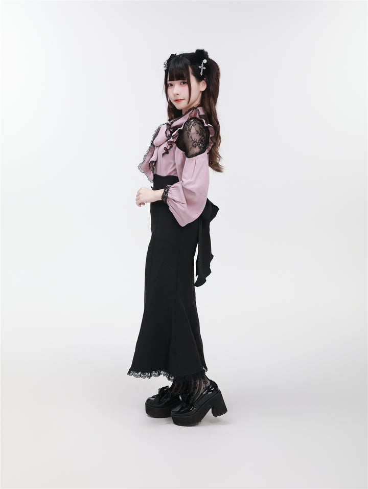 Jirai Kei Stand Collar Shirt with Lace Shoulder And Ribbon 42748:751809
