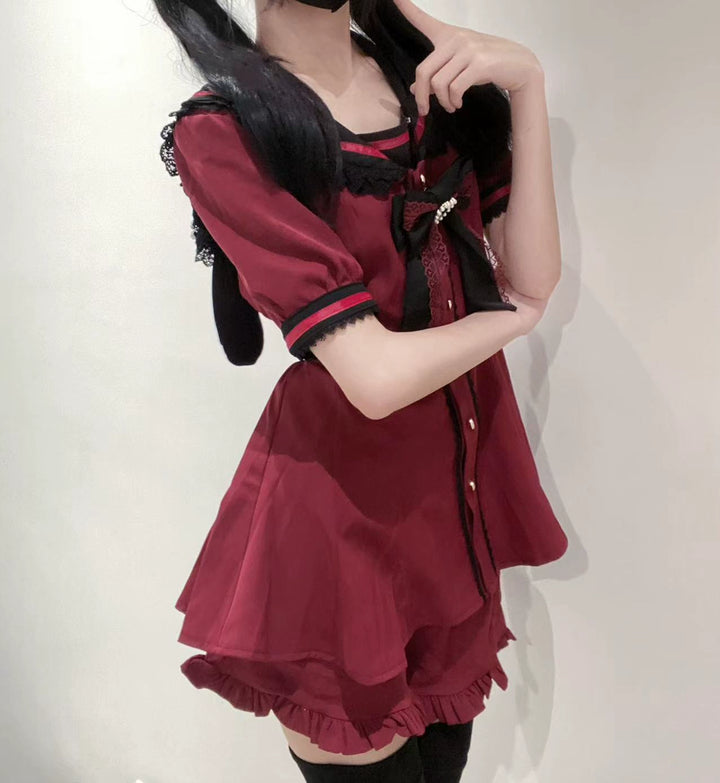 Black Red Jirai Kei Dress Set With Sailor Collar and Bunny Ears (L M S XL) 42285:793282