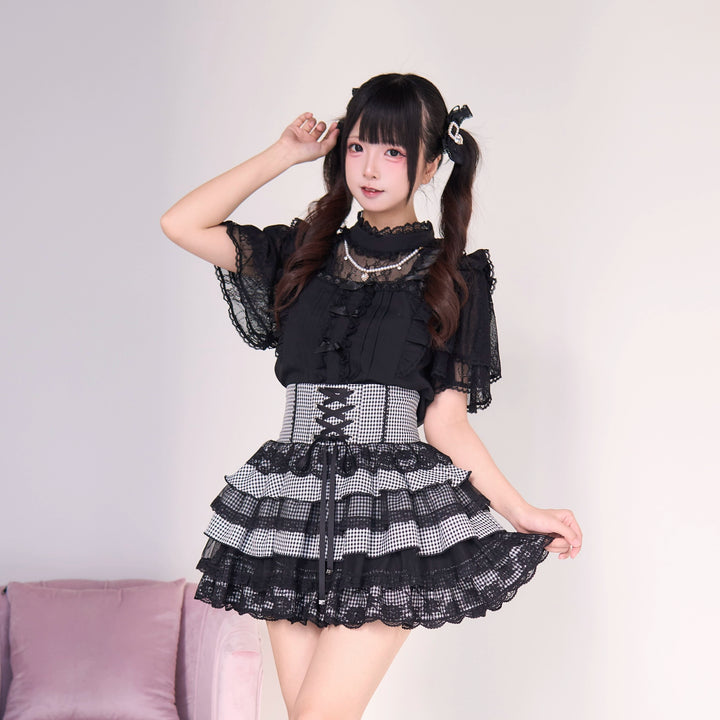 Jirai Kei Pearl Necklace Blouse, Lace-up Cake Skirt Set 43019:765681