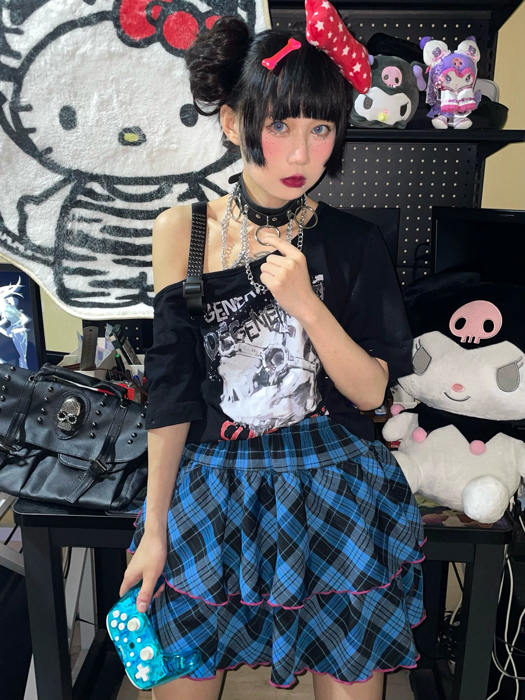 Punk Plaid Skirt Pink Blue Skirt Bow Layered Ruffle Skirt 33818:445934 33818:445934