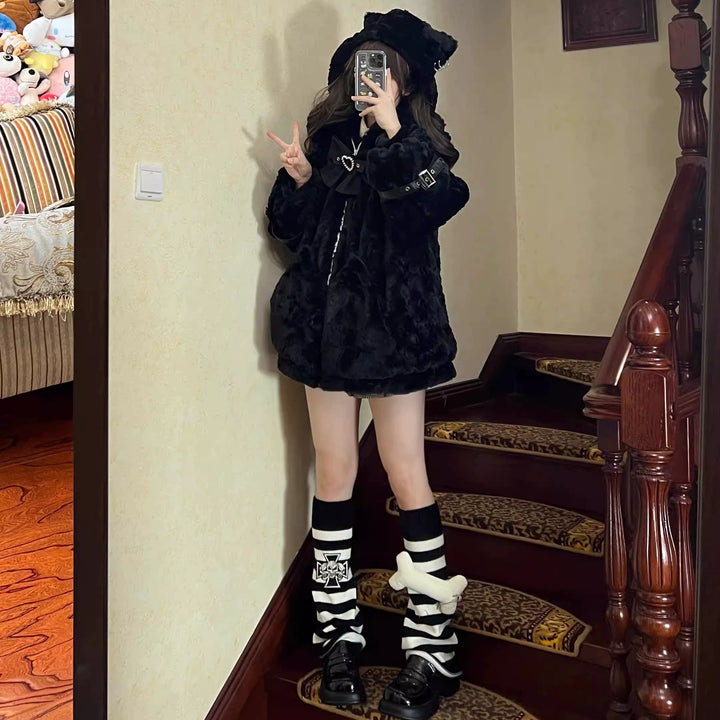 Jirai Kei Coat Cat Ear Hood Jacket Fleece Coat 39958:646708