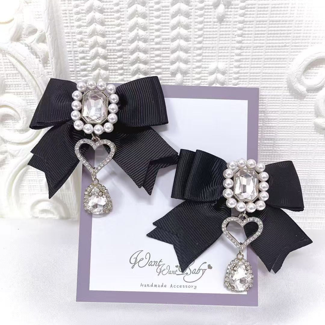Ribbon Jirai Kei Hair Clips with Rhinestone And Pearl Detail 42436:740182
