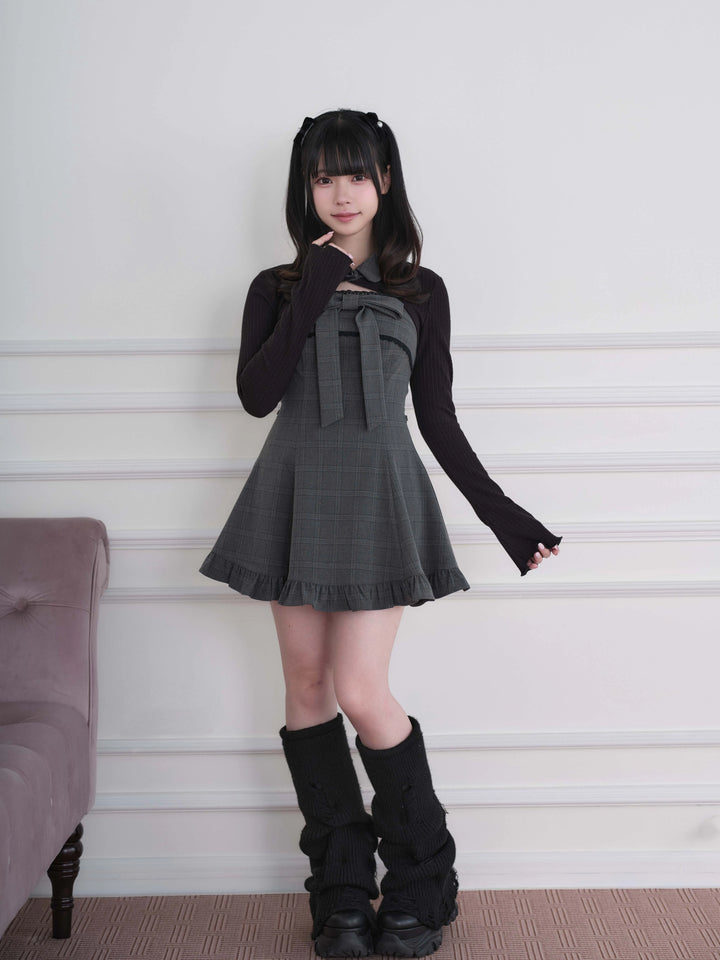Ryousangata Dress & Knit Bolero Set, Plaid/Striped Pattern 46030:873172