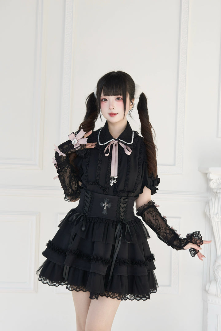 Jirai Kei Lace Arm Sleeves, Ribbon Bows, Rhinestones, Pearl Accents 43316:773891