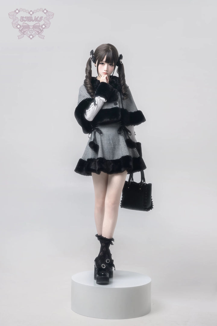 Houndstooth Jirai Kei Plush Cape, High-Waisted Skirt 44591:814687