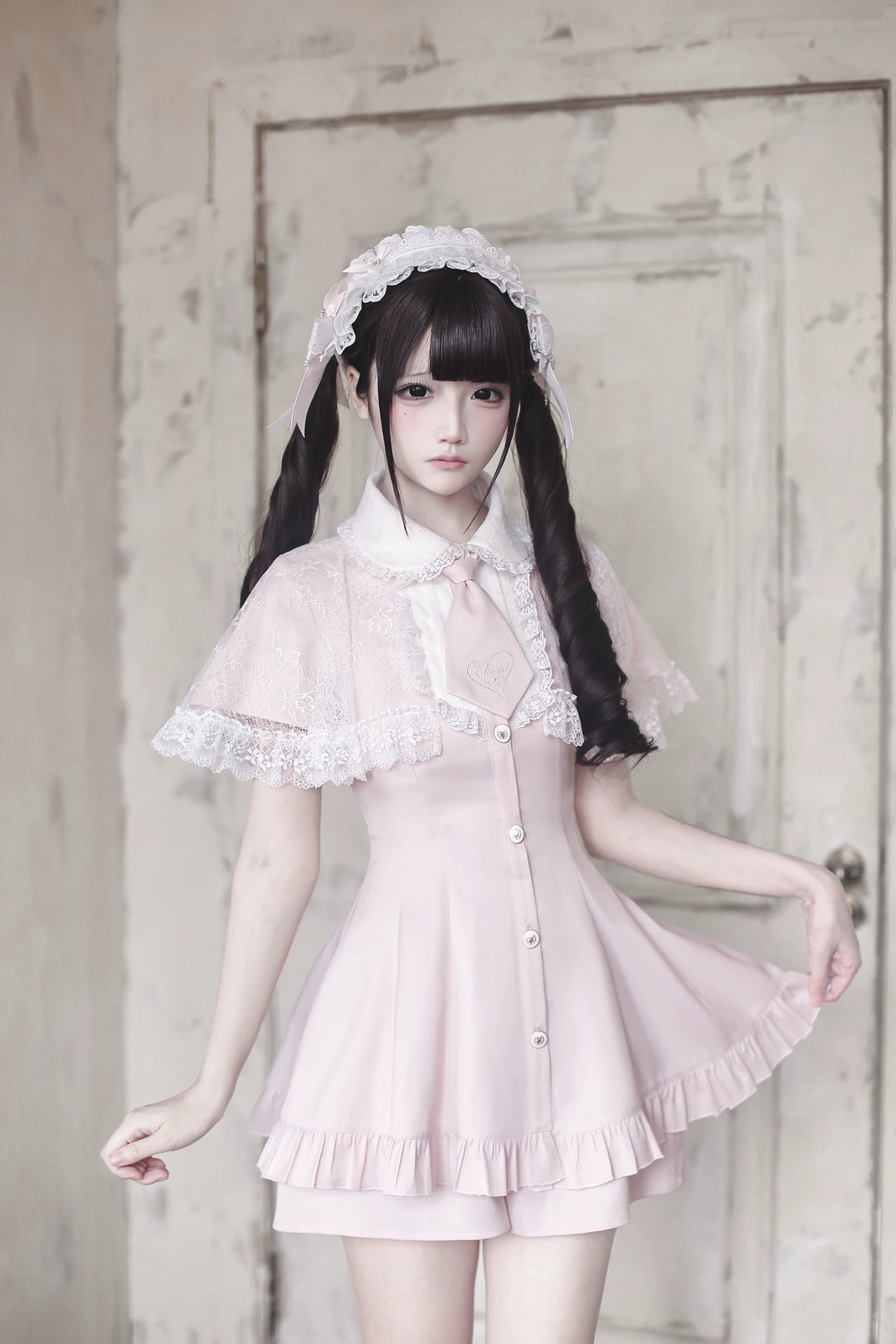Jirai Kei Lace Shawl Dress Set, Detachable Tie (L M S) 45193:840970