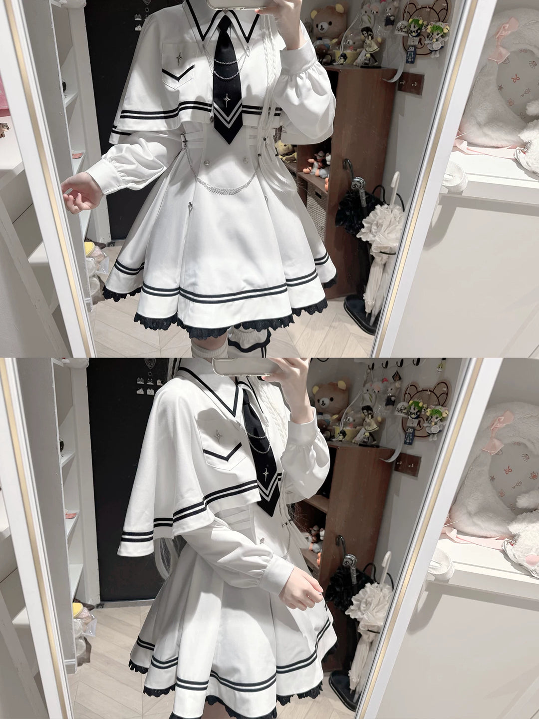 Sailor-Inspired Long Sleeve Dress Set, Detachable Cape 44557:815998