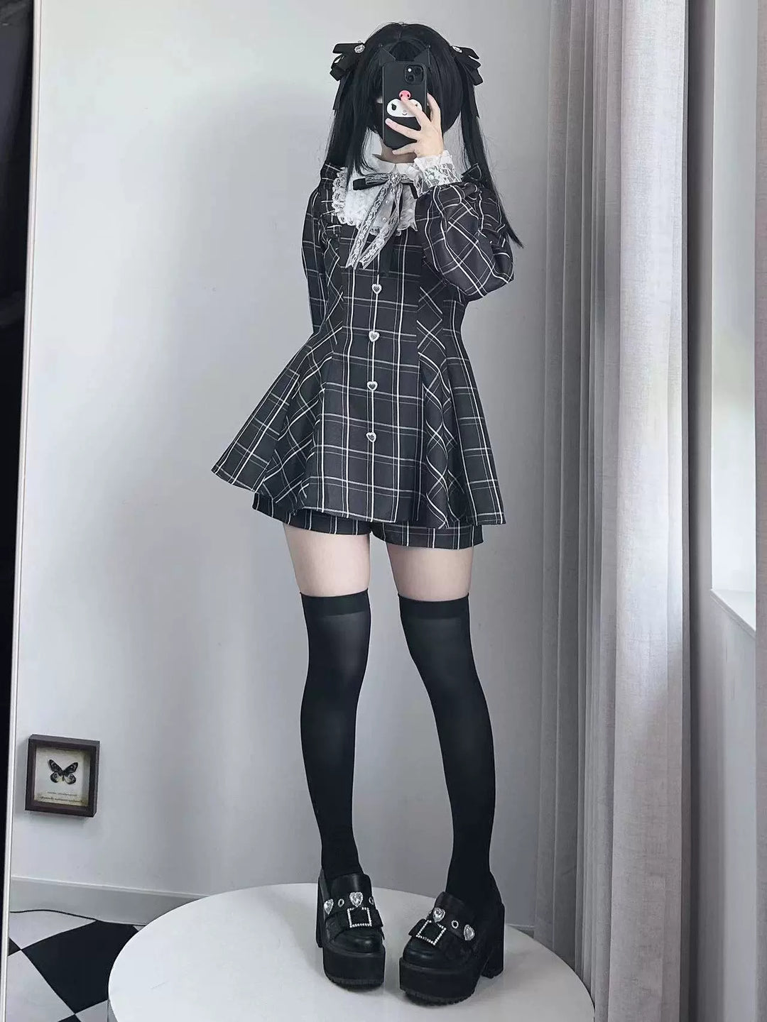 Jirai Kei Dress Set Long-sleeved Plaid Dress And Shorts 39444:620610