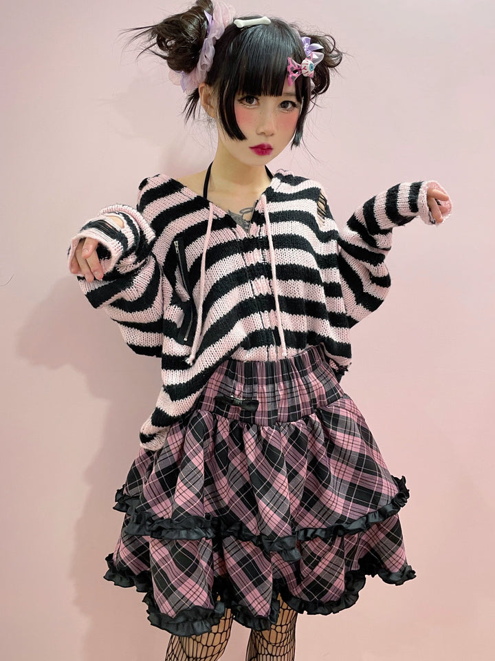 Punk Plaid Skirt Pink Blue Skirt Bow Layered Ruffle Skirt 33818:445948 33818:445948