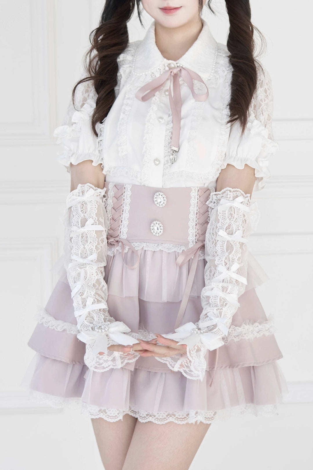 Jirai Kei Lace Arm Sleeves, Ribbon Bows, Rhinestones, Pearl Accents 43316:773885